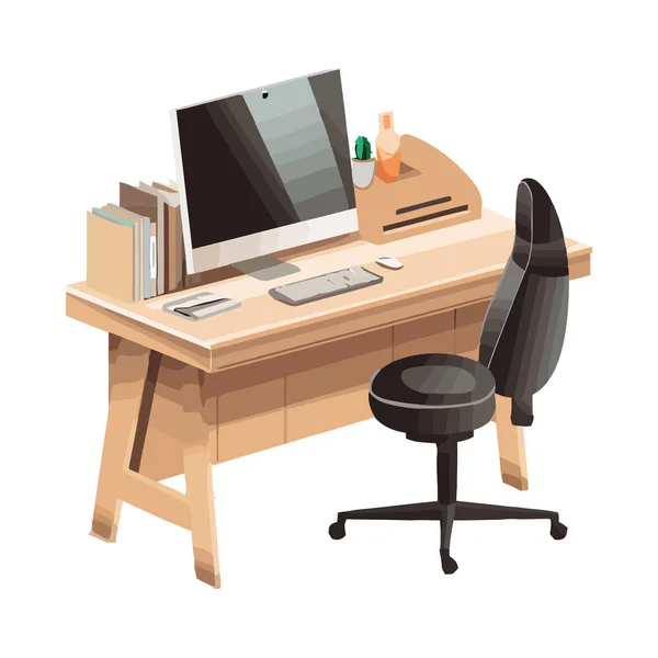 Modernes Büro Mit Schreibtisch Stuhl Und Computersymbol Isoliert — Stockvektor