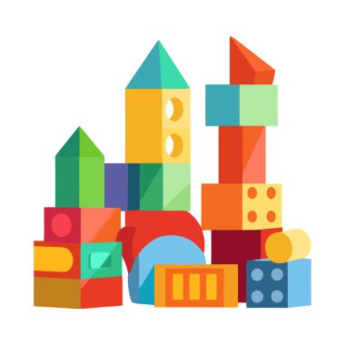 Çocuk, çok renkli oyuncak bloklarıyla mutlu bir şekilde izole edilmiş şekilde oynuyor