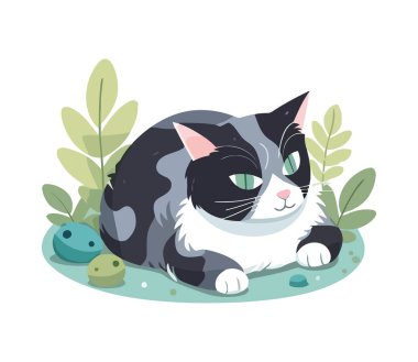 Çimlerin üzerinde oturan sevimli kedi yavrusu, izole edilmiş neşeli bir ikon.