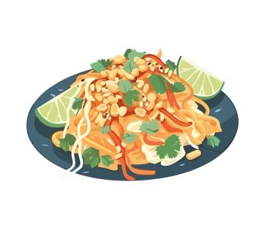 Deniz ürünleri ve limon ikonlu makarna tabağı izole edilmiş.