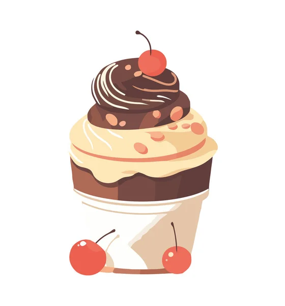 Söt Cupcake Med Choklad Glasyr Och Jordgubbsikon Isolerad — Stock vektor