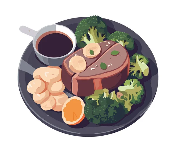 肉と野菜のメッキのアイコンが孤立したグルメ食事 — ストックベクタ