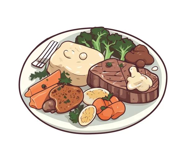 Gourmet Mahlzeit Mit Frischem Fleisch Und Gemüse — Stockvektor