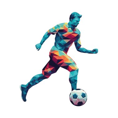 Başarı simgesi izole edilmiş kaslı bir adam futbol topunu tekmeliyor.