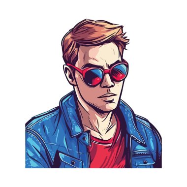 Güneş gözlüklü gülümseyen adam, izole edilmiş modern zarafet ikonu yayıyor.