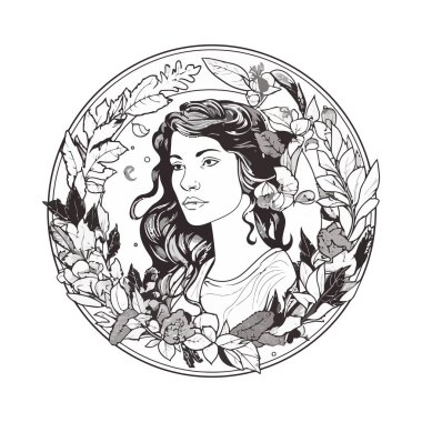 Çiçeksel çerçeve ikonu olan zarif kadın izole edilmiş.