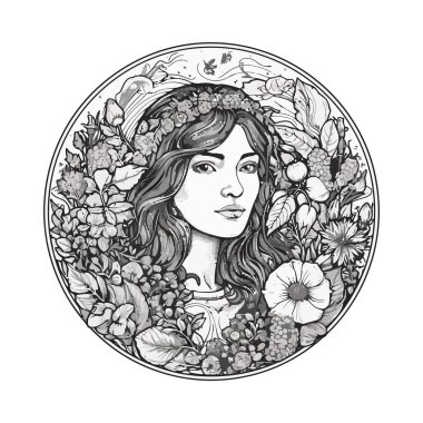 Süslü çiçek dekorasyonu ikonu olan zarif bir kadın portresi izole edilmiş.