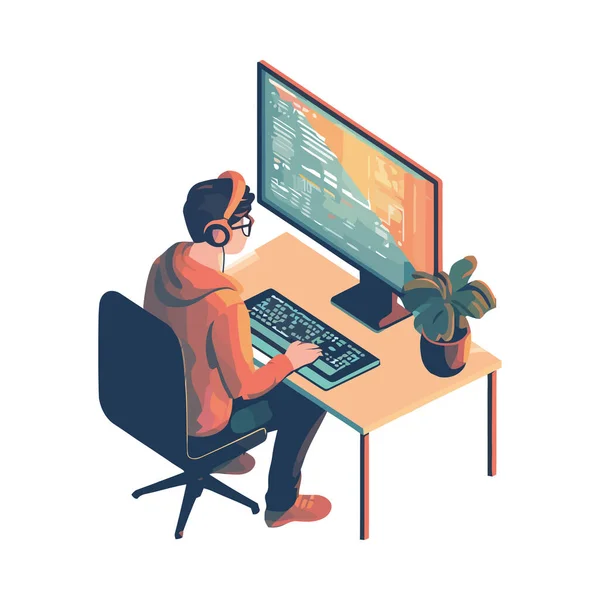 Изолированный Молодой Человек Работающий Иконке Компьютерной Программы — стоковый вектор