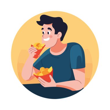 Sağlıksız yemek ikonu yerken gülümseyen neşeli adam izole edilmiş.