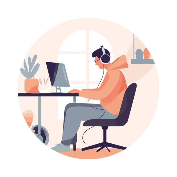 Man Sitting Desk Working Computer Icon Isolated — Stock Vector