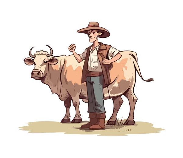 Cowboy Agriculteur Debout Avec Bétail Sur Icône Ranch Isolé — Image vectorielle