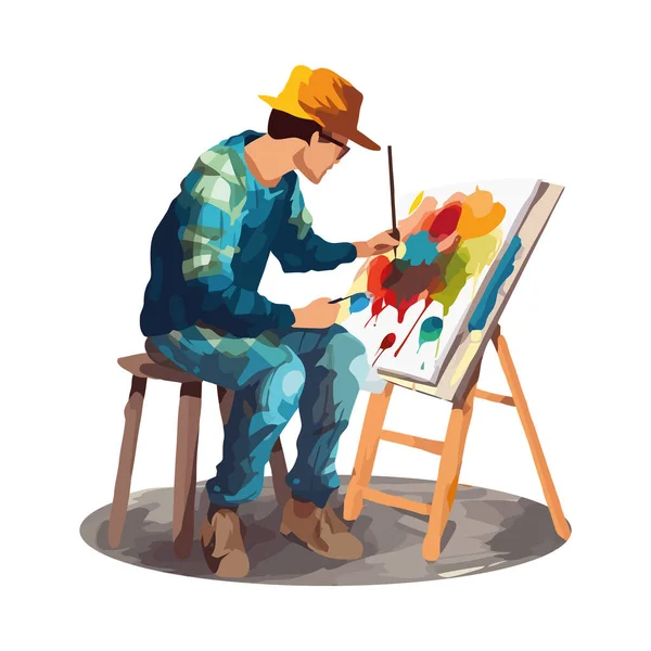 一个艺术家坐着 画在画架图标上孤立 — 图库矢量图片
