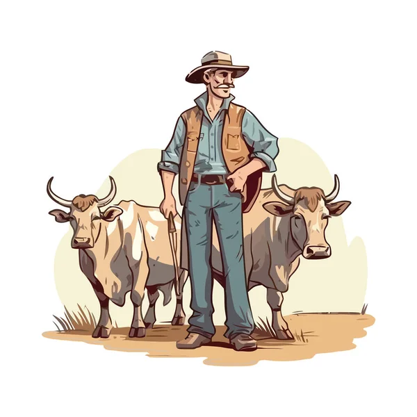 牛と一緒に働く男牧場屋外のアイコン孤立 — ストックベクタ