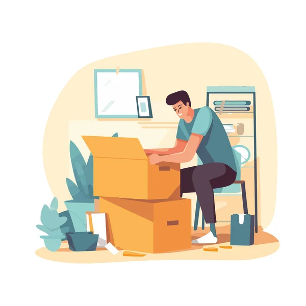 Man Sitting Opening Cardboard Boxes Icon Isolated — Stock Vector