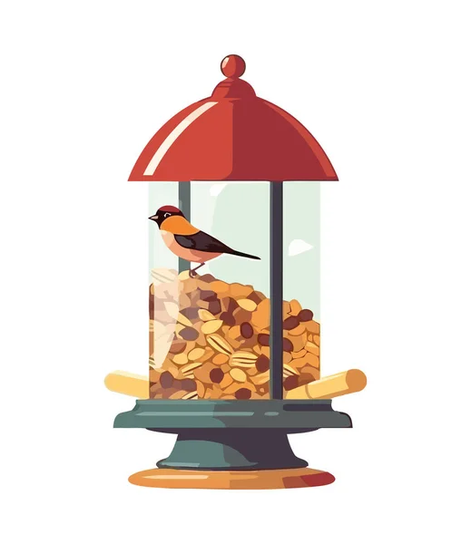 Lindo Pájaro Dibujos Animados Comiendo Semillas Rama Icono Aislado — Archivo Imágenes Vectoriales