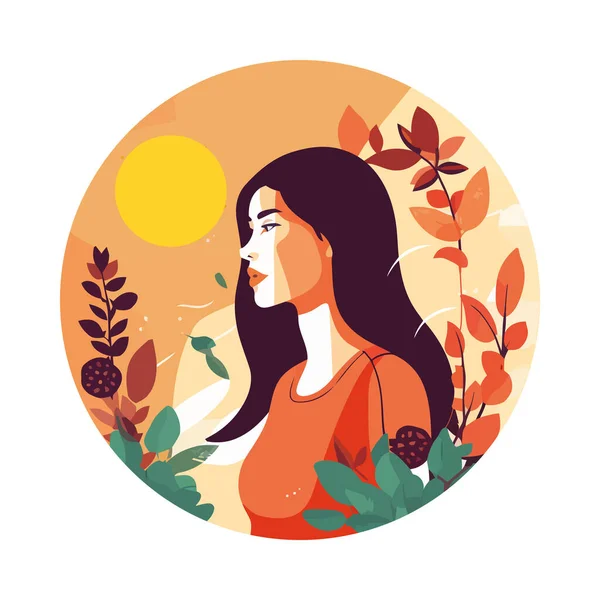 Young Adult Female Surrounded Nature Icon Isolated — Stock Vector