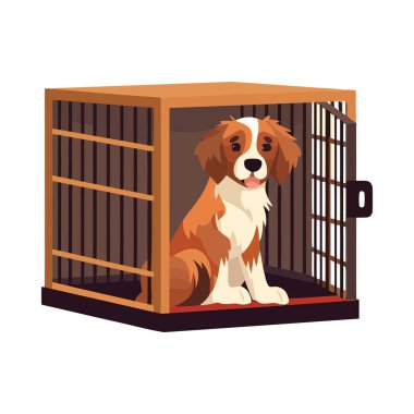 Tahta sandıkta oturan sevimli köpek yavrusu, izole edilmiş gülen ikon.