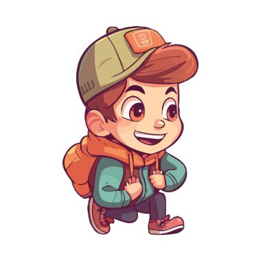 Sırt çantası simgesi izole edilmiş, kışın gülümseyen çocuk.