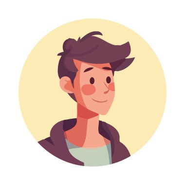 Düz dizayn çemberi simgesindeki gülümseyen çizgi film karakterleri izole edildi