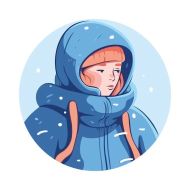 Tatlı mavi şapkalı kadın ve kışlık ceket ikonu izole edilmiş.