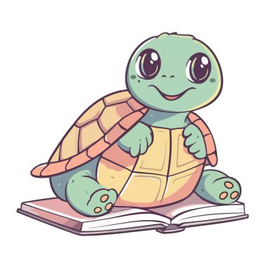 Kitap ikonunda gülümseyen sevimli çizgi film kaplumbağası.