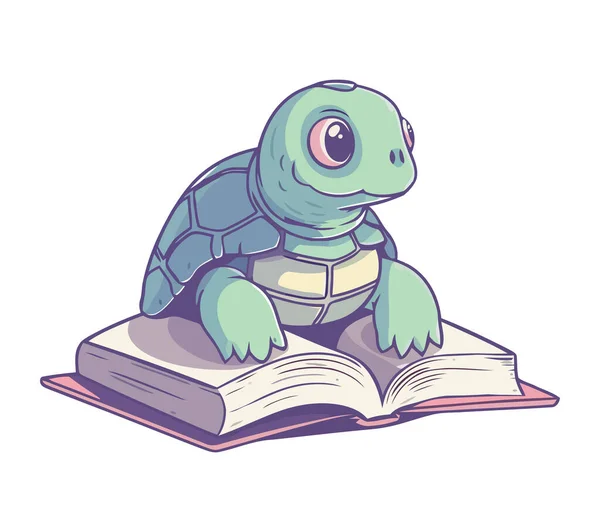 Söt Sköldpadda Läsa Bok Lära Sig Naturen Ikon Isolerad — Stock vektor