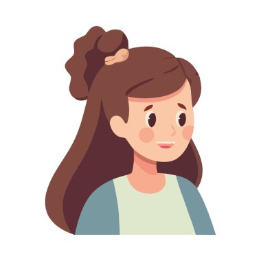 Vektör çiziminde gülümseyen kız, sevimli ve neşeli ikon izole edilmiş.