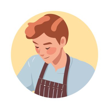 Çizgi film ikonu üzerinde çalışan gülümseyen şef adam izole edildi