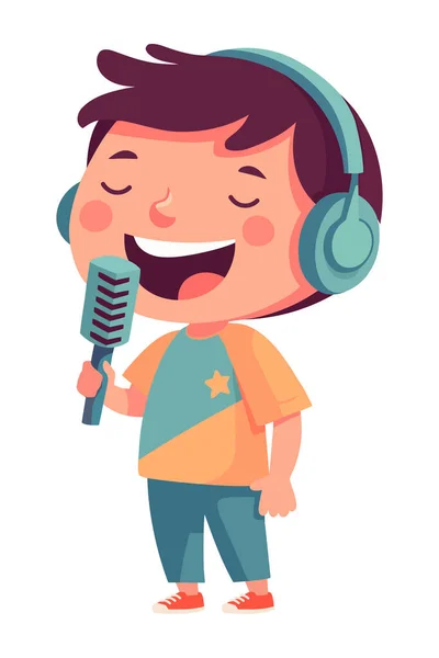Zole Edilmiş Mikrofon Ikonuyla Şarkı Söyleyen Gülümseyen Çocuk Müzisyen — Stok Vektör