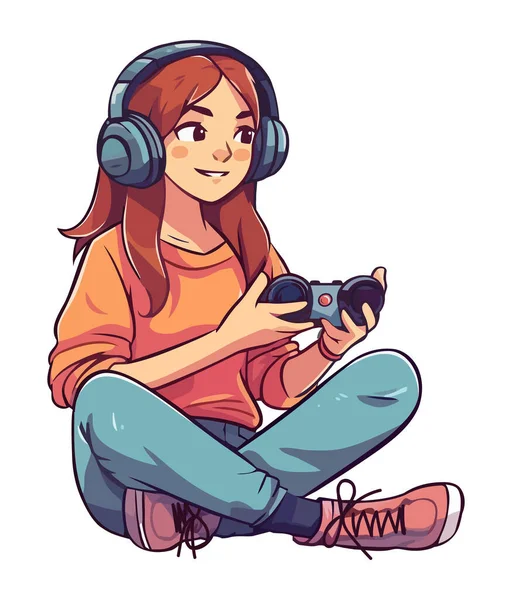 Ung Kvinna Med Videospel Med Joystick Ikon Isolerad — Stock vektor