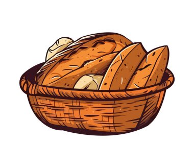 Kırsal ekmek sepeti illüstrasyon ikonu izole edilmiş taze baget.