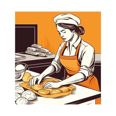 Genç fırıncı gülümsüyor, taze ekmek ikonu hazırlıyor.