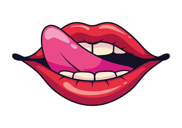 単離された舌のアウトベクターが付いている口のポップアート — ストックベクタ