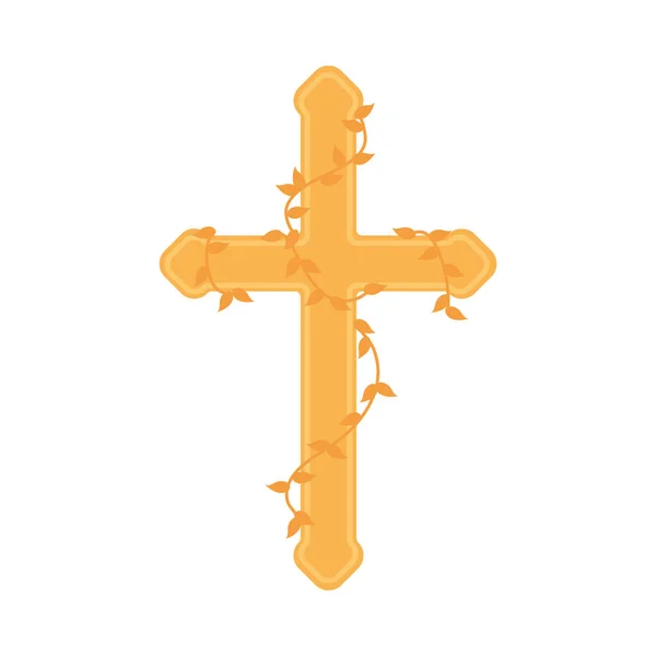 Katholisches Kreuz Mit Blättern Vektor Isoliert — Stockvektor