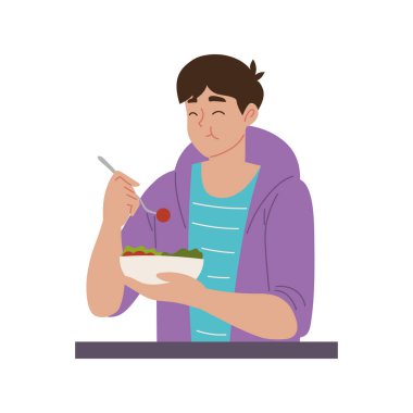 İnsan karakteri vejetaryen yemekleri yiyor.