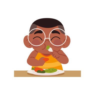 Afro-Amerikan çocuk, izole edilmiş vegan yemekleri yiyor.