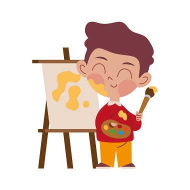 Güzel ressam küçük çocuk tuvalde tek başına resim yapıyor.