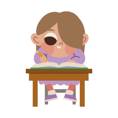 Masada oturan kız izole bir şekilde yazıyor.