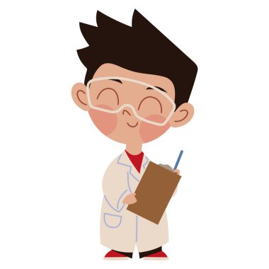 Bilim adamı çocuk izole edilmiş bir şekilde panoya yazıyor.