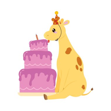 Doğum günü şapkası olan sevimli zürafa.