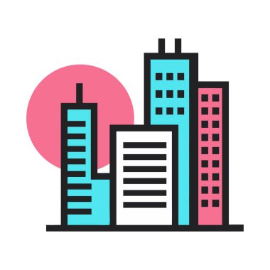 Tarz sahibi şehir silueti. Arka planda güneş var.