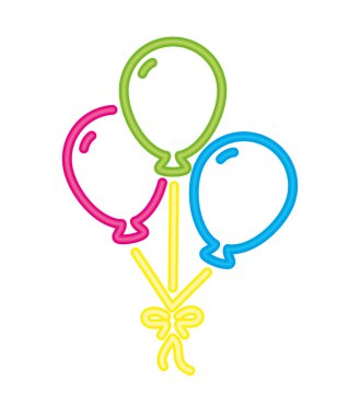 Bir buket renkli neon helyum balonu birbirine bağlanmış.