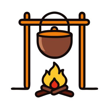 Geleneksel kamp tenceresi açık bir kamp ateşinin üzerinde asılı.