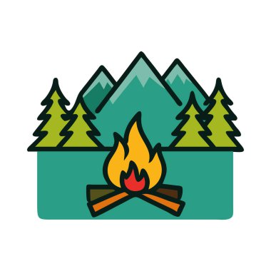 Ormandaki bir dağ bölgesinde kamp ateşi macerayı ve açık hava kampını temsil ediyor.