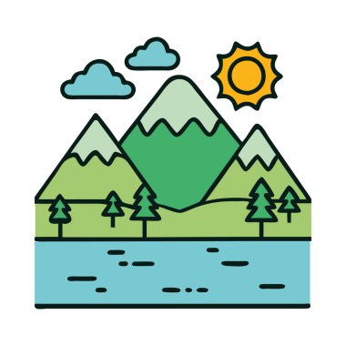 Parlak güneşin altındaki yeşil dağlar yaz manzaralarını ve doğal güzellikleri temsil ediyor.