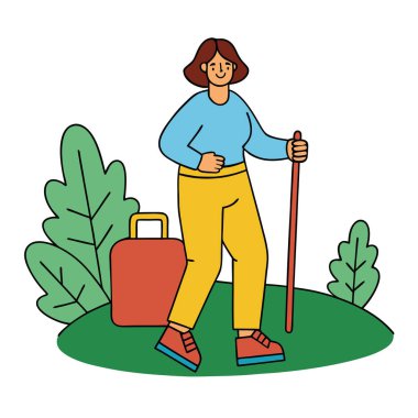 Eco Tourism traveler enjoying nature hiking adventure clipart