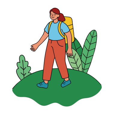 Eco Tourism traveler woman hiking through green landscapes clipart