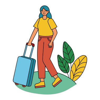 Çevre turizmi kadın gezgini doğada bavulla yürüyor.