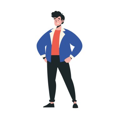 Mavi ceketli, şık bir duruşu olan biri.