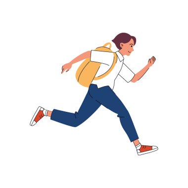 Öğrenci okul çantasıyla hızlı koşuyor.